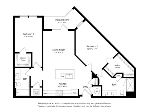 Floor plan for 2 beds, 2 baths, 1107 sqft